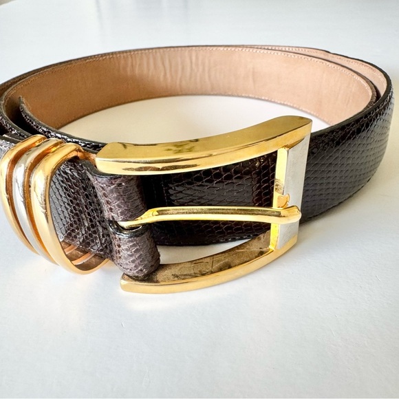 NWT Mezlan Genuine Lizard Leather Belt Gold Silver Buckle Made in Spain size 36 - Picture 2 of 11